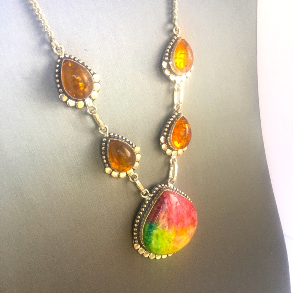 Rainbow Solar Quartz with Amber GS Necklace